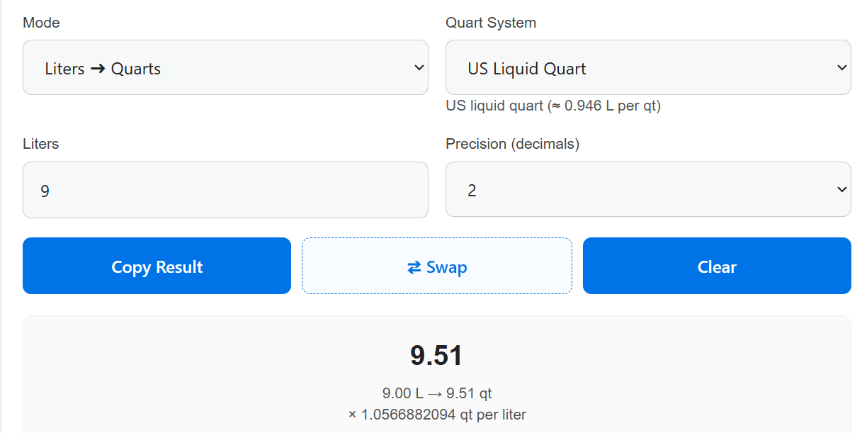 9 Liters to Us Quarts Converter